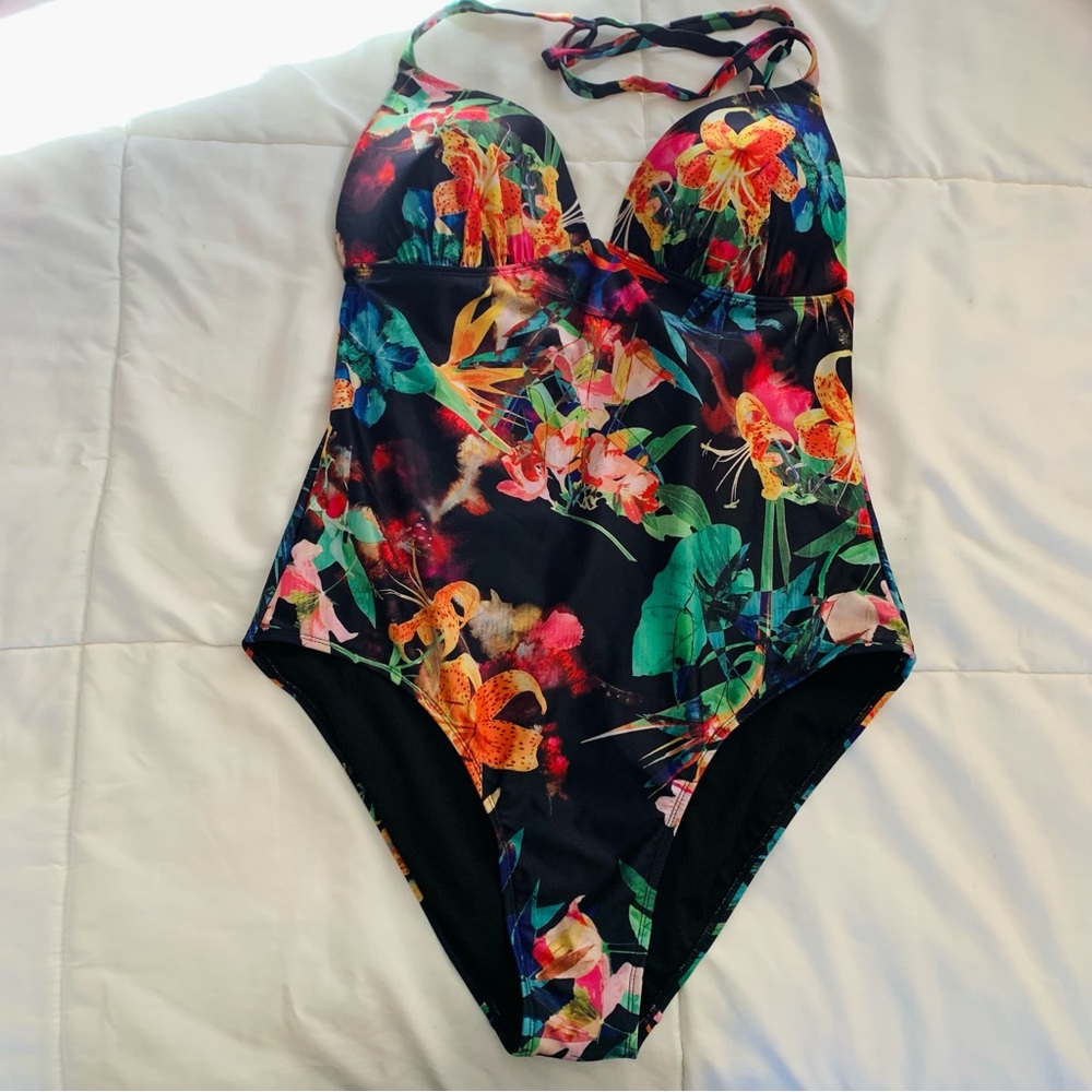 Old Navy Tropical Black Floral One Piece Bathing Suit Size XL